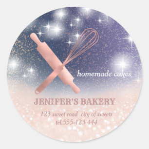 Glittery sparkle rolling pin & whisk chef bakery classic round sticker