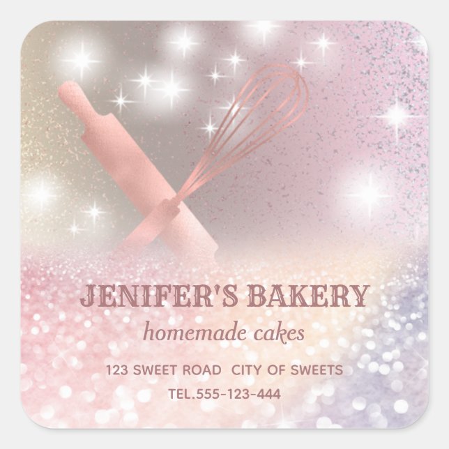 Glittery sparkle rolling pin & whisk chef bakery s square sticker (Front)