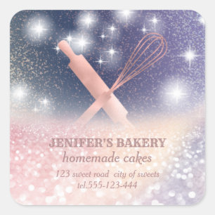 Glittery sparkle rolling pin & whisk chef bakery square sticker