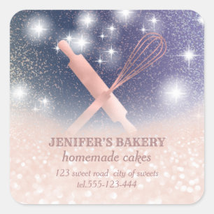 Glittery sparkle rolling pin & whisk chef bakery square sticker