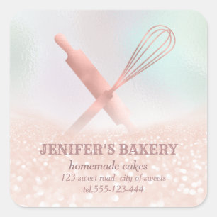 Glittery sparkle rolling pin & whisk chef bakery square sticker