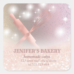 Glittery sparkle rolling pin & whisk chef bakery square sticker