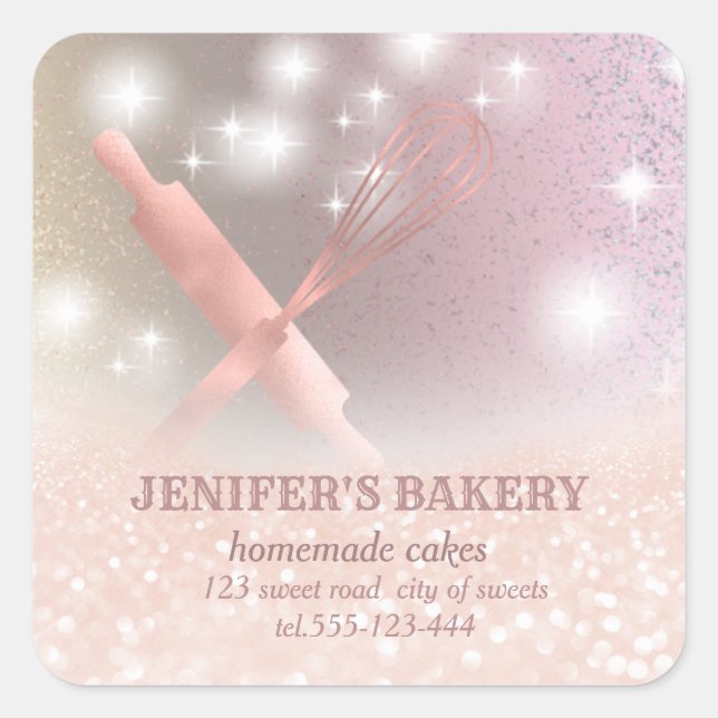 Glittery sparkle rolling pin & whisk chef bakery square sticker (Front)