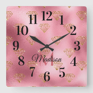 Glittery Sparkling Blush Pink Gold Monogram Name   Square Wall Clock