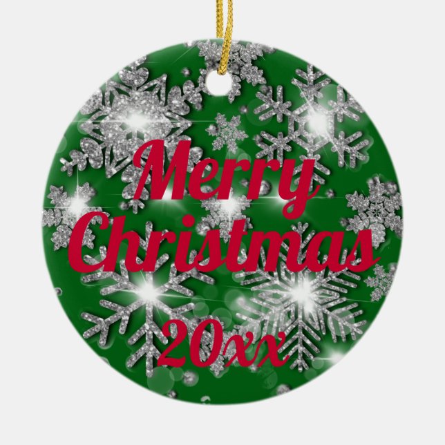 Glittery sparkling silver festive snowflake  ceramic tree decoration (Front)