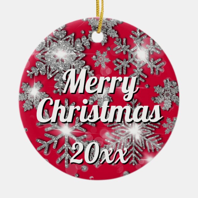 Glittery sparkling silver festive snowflake  ceramic tree decoration (Front)