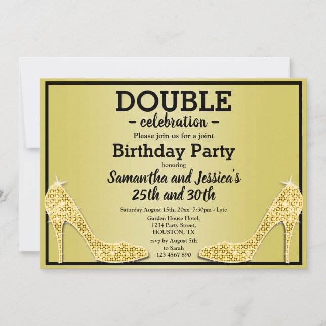 Glittery Sparkly Gold Stilettos Double Birthday Invitation (Front)