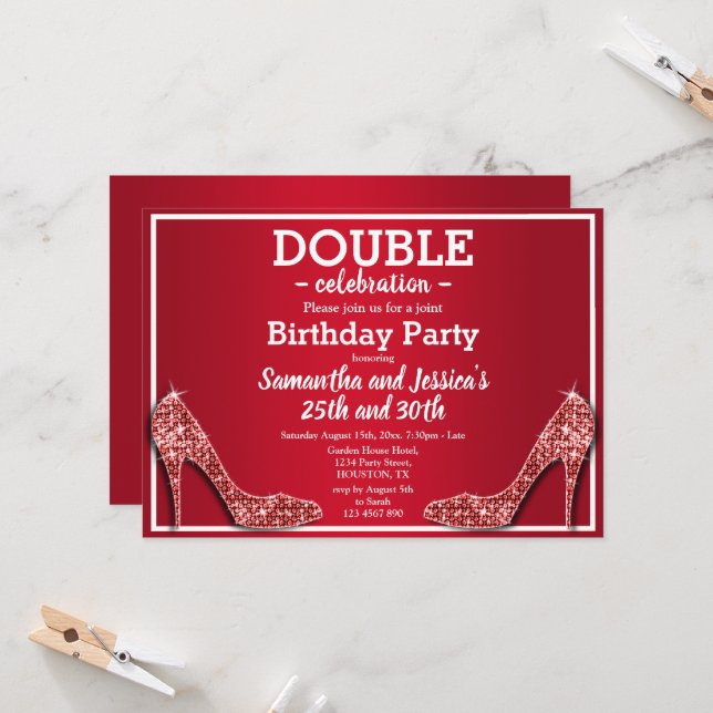 Glittery Sparkly Red Stilettos Double Birthday Invitation (Front/Back In Situ)