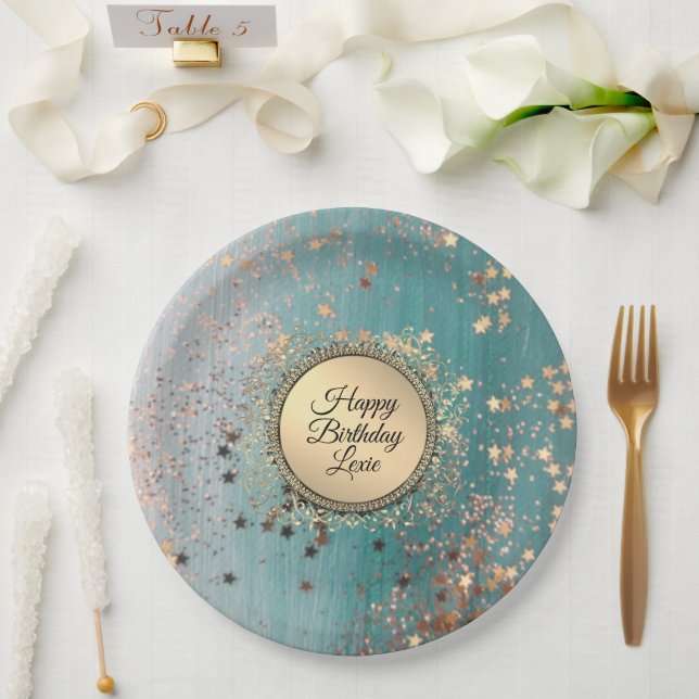 Glittery Stardust on Blue Teal Paper Plate (Wedding)