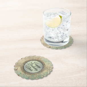 Glittery Stardust on Green Personalised Birthday Paper Coaster