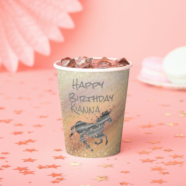 Glittery Starry Unicorn Birthday Personalised Paper Cups (Insitu)