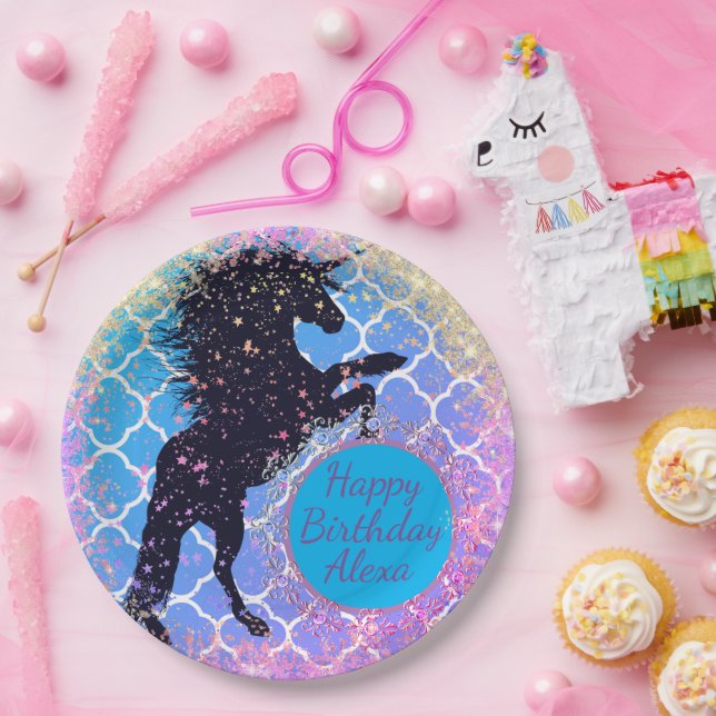 Glittery Starry Unicorn Personalised Birthday Paper Plate (Party)
