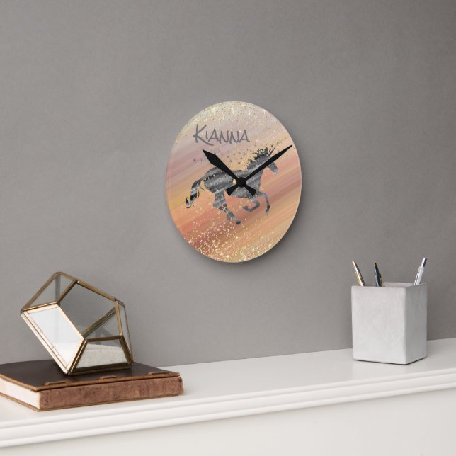 Glittery Starry Unicorn   Round Clock (Office)