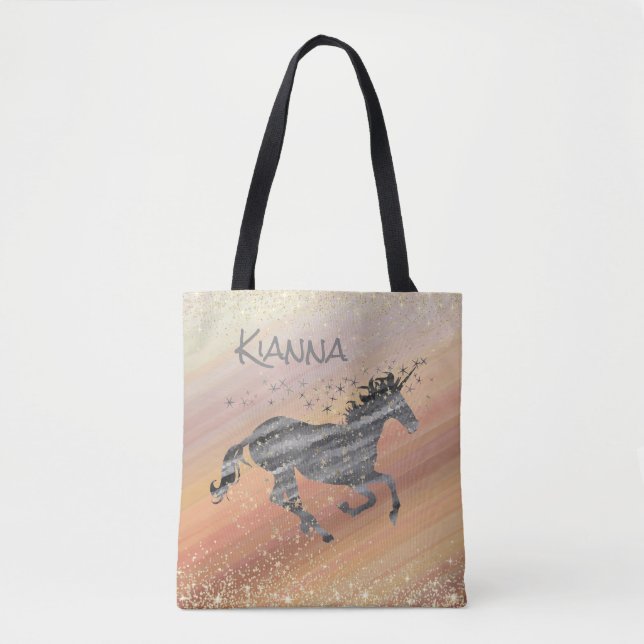 Glittery Starry Unicorn Whimsical Personalised Tote Bag (Front)