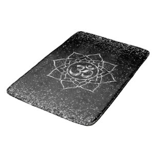 Glittery Stars OM Mandala on Black Bath Mat