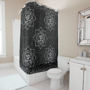 Glittery Stars OM Mandala on Black Shower Curtain