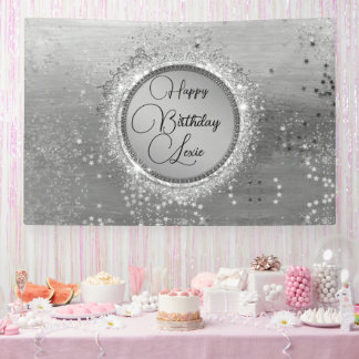 Glittery Stars on Silver Personalised Birthday Banner