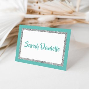 Glittery Teal and Silver Personalized Note Card