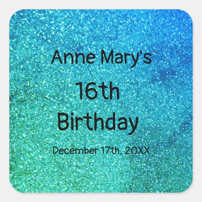 Glittery Teal Blue Green Sparkle 16th Birthday Square Sticker (Front)