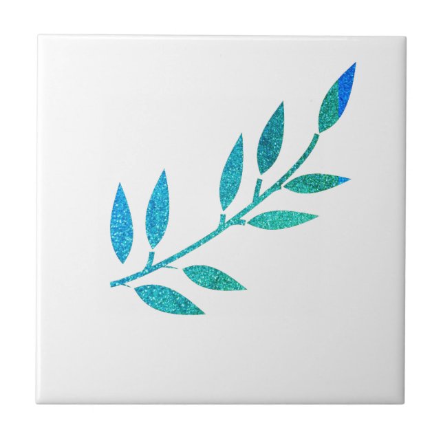 Glittery Teal Blue Leaf Pattern White Gift Decor Tile (Front)