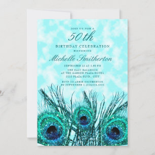 Glittery Teal Blue Peacock Feathers 50th Invitation