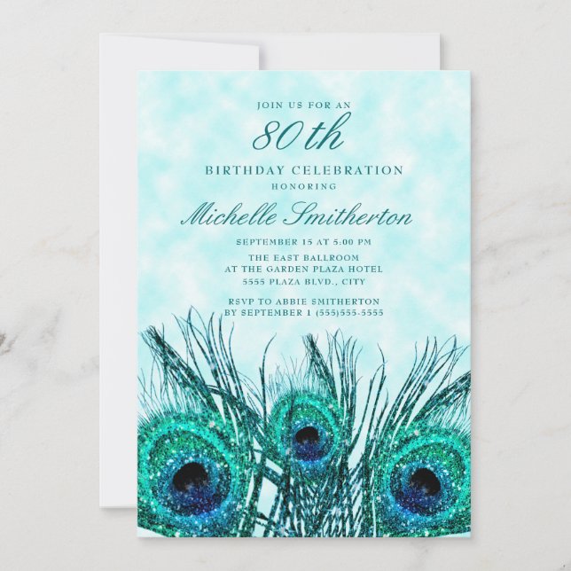 Glittery Teal Blue Peacock Feathers 80th Birthday Invitation (Front)