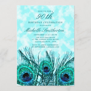 Glittery Teal Blue Peacock Feathers 90th Birthday Invitation