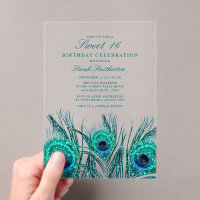 Glittery Teal Blue Peacock Feathers Sweet 16