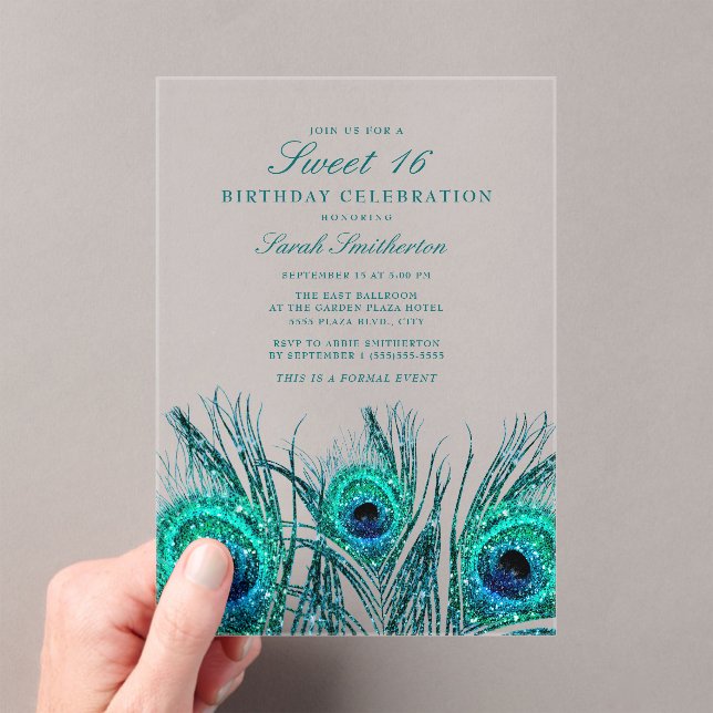 Glittery Teal Blue Peacock Feathers Sweet 16 Acrylic Invitations (Insitu (Handheld))