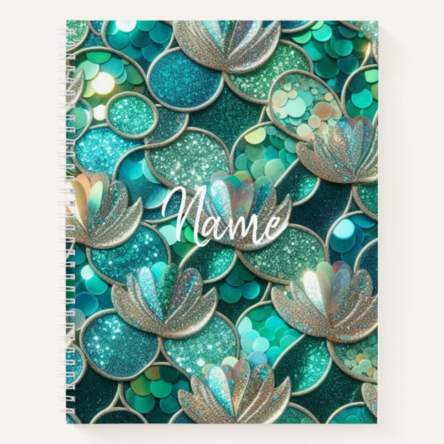 Glittery Teal Mermaid Tail And Flowers Print Name Notebook (Front)