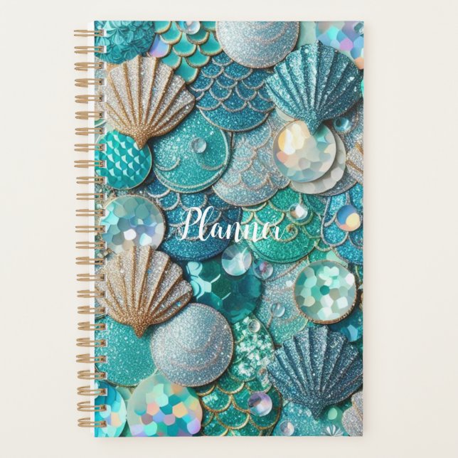 Glittery Teal Mermaid Tail Scales Print  Planner (Front)