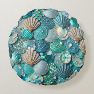 Glittery Teal Mermaid Tail Scales Print Round Cushion