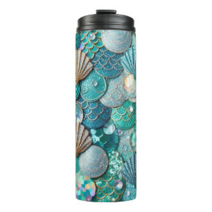 Glittery Teal Mermaid Tail Scales Print Thermal Tumbler