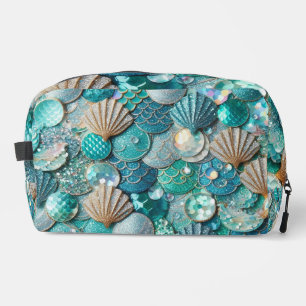 Glittery Teal Mermaid Tail Scales Shells Print Dopp Kit