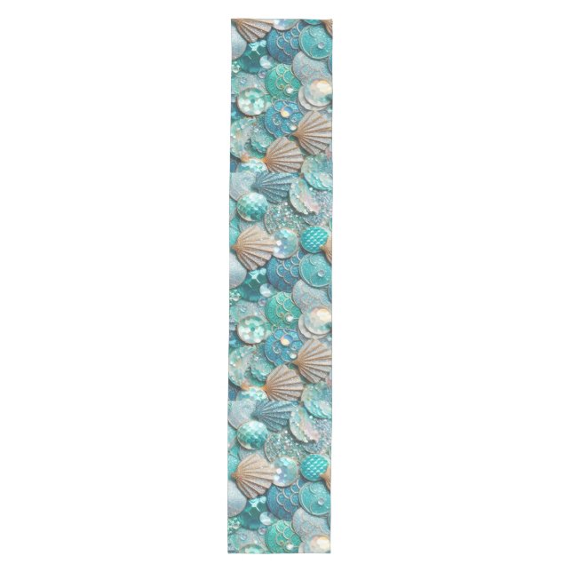 Glittery Teal Mermaid Tail Scales Shells Print Medium Table Runner (Front)