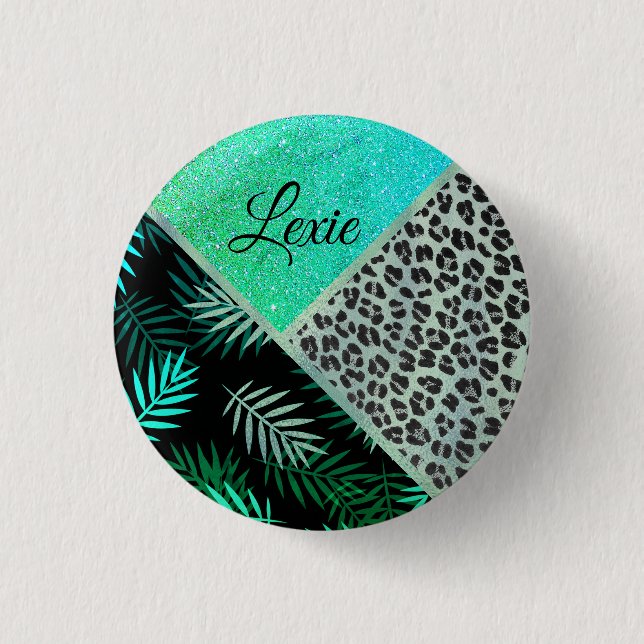 Glittery Teal Tropical Leopard Print       3 Cm Round Badge (Front)