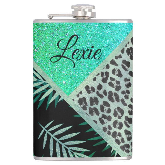 Glittery Teal Tropical Leopard Print       Hip Flask (Front)
