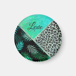 Glittery Teal Tropical Leopard Print    Magnet