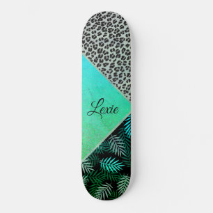 Glittery Teal Tropical Leopard Print  Skateboard