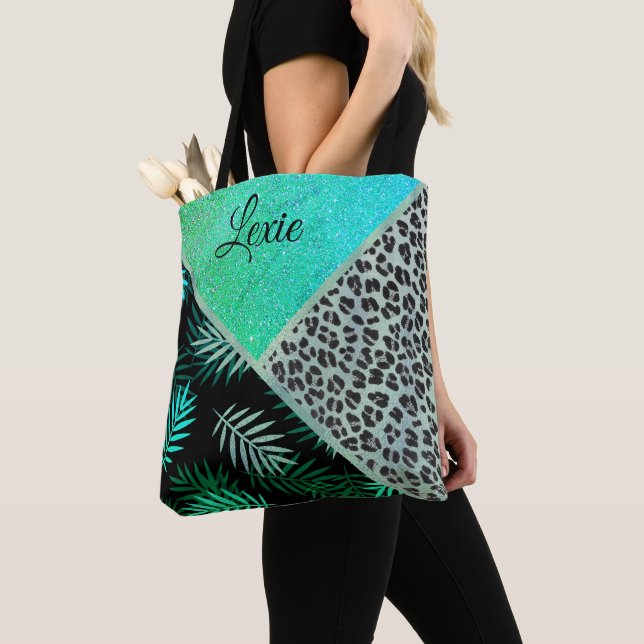 Glittery Teal Tropical Leopard Print Tote Bag (Close Up)