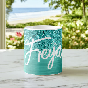 Glittery Teal Turquoise Glam Brush Script Name Coffee Mug