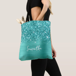 Glittery Turqoise Teal Glam Name Tote Bag