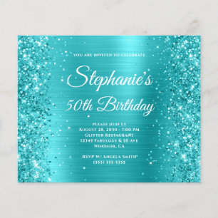 Glittery Turquoise Blue Foil 50th Birthday Flyer