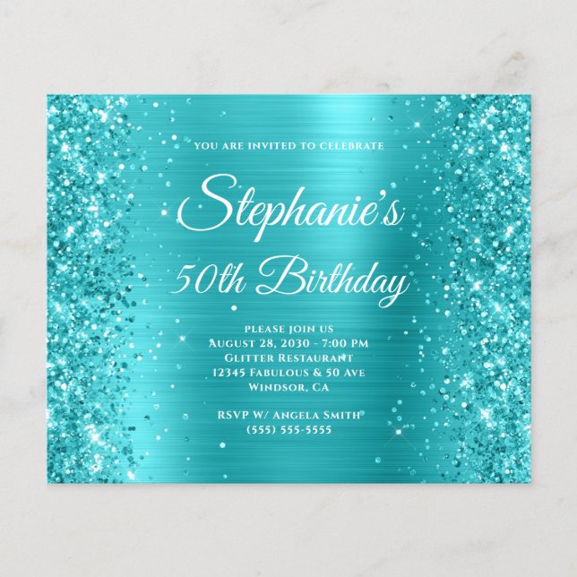 Glittery Turquoise Blue Foil 50th Birthday Flyer (Front)
