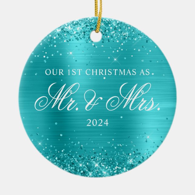 Glittery Turquoise Blue Foil Our 1st Christmas Ceramic Tree Decoration (Front)