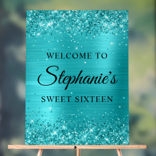 Glittery Turquoise Blue Foil Sweet Sixteen Welcome Acrylic Sign