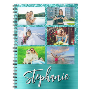 Glittery Turquoise Blue Glam 6 Photo Collage Notebook