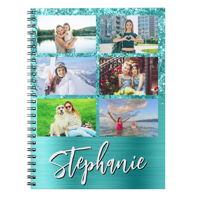 Glittery Turquoise Blue Glam 6 Photo Collage Notebook (Front)
