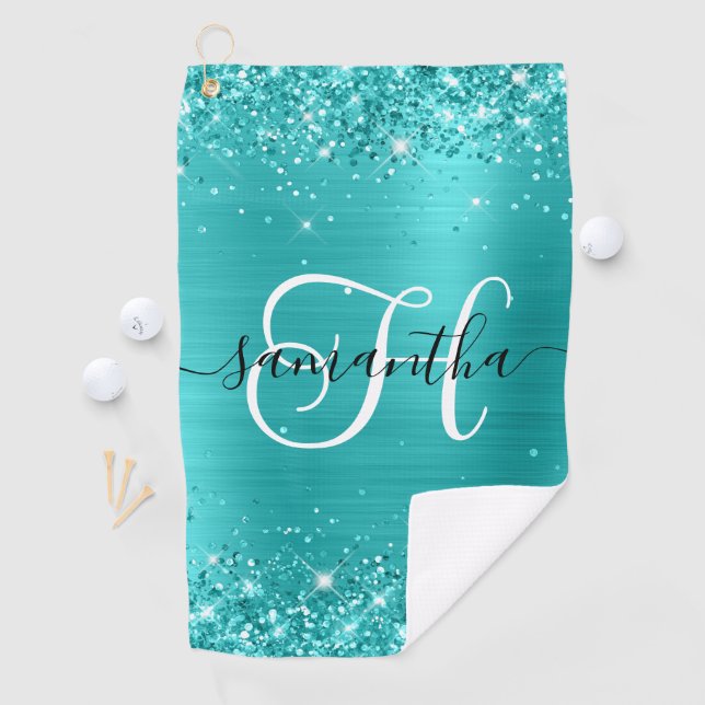 Glittery Turquoise Blue Glam Monogrammed Golf Towel (InSitu)