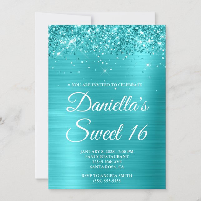 Glittery Turquoise Blue Metallic Sweet 16 Invitation (Front)